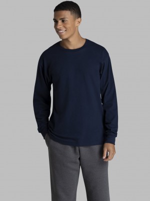 Men's Fruit Of The Loom 2 Pack Long Sleeve T Shirts Navy | THD507618