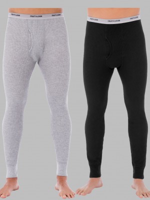 Men's Fruit Of The Loom Big Waffle Thermal, 2 Pack Bottoms Black Soot/Light Grey | PWN269051