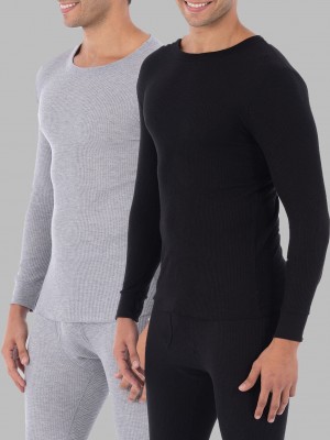 Men's Fruit Of The Loom Big Waffle Thermal Crew, 2 Pack Tops Black Soot/Light Grey | OTX956738