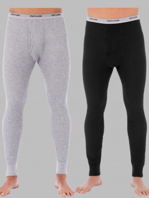 Men's Fruit Of The Loom Big Waffle Thermal, 2 Pack Bottoms Black Soot/Light Grey | HMV971324