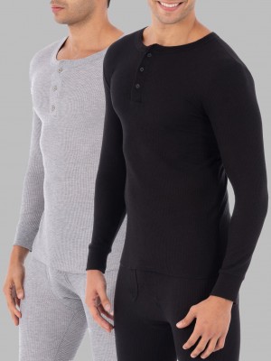 Men's Fruit Of The Loom Big Waffle Thermal Henley, 2 Pack Tops Black Soot/Light Grey | RUQ315894