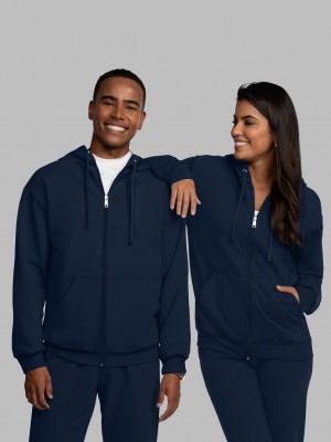 Men's Fruit Of The Loom EverSoft® Fleece Full Zip, Extended Sizes Hoodie Navy | JDM349156