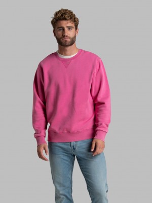 Men's Fruit Of The Loom Garment Dyed Crew Sweatshirt Pink Flash | AER854012