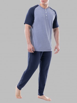 Men's Fruit Of The Loom Jersey Short Sleeve Henley Jogger Pant, 2 Piece Set Tops & Sweatpants Indigo /Navy | MXN549820