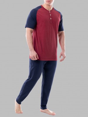 Men's Fruit Of The Loom Jersey Short Sleeve Henley Jogger Pant, 2 Piece Set Tops & Sweatpants Red/Navy | CFY320719