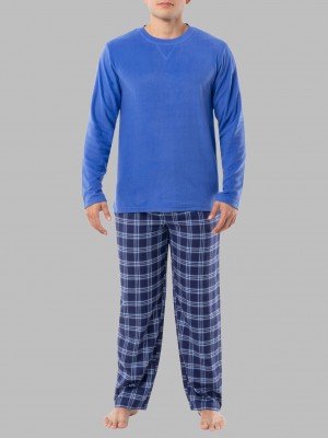 Men's Fruit Of The Loom Long Sleeve Fleece Crew Flannel, 2 Piece Set Sleepwear Blue | EYD314765