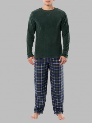 Men's Fruit Of The Loom Long Sleeve Fleece Crew Flannel, 2 Piece Set Sleepwear Green | STW901325