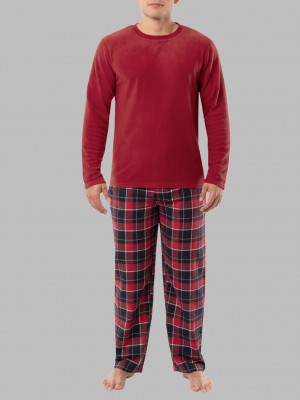 Men's Fruit Of The Loom Long Sleeve Fleece Crew Flannel, 2 Piece Set Sleepwear Red | YQH480957