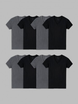 Men's Fruit Of The Loom Short Sleeve Active Cotton V-neck, 8 Pack T Shirts Black/Gray | ZRT098637