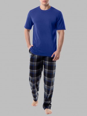 Men's Fruit Of The Loom Short Sleeve Jersey Knit Fleece, 2 Piece Set Pajamas Blue Black Set | QKU471960