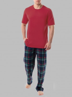 Men's Fruit Of The Loom Short Sleeve Jersey Knit Fleece, 2 Piece Set Pajamas Red Green Set | HXS901874