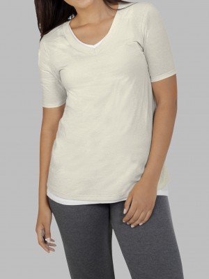 Women's Fruit Of The Loom Essentials Elbow Length V-Neck T Shirts Elbow Length White Fleck | NIZ142365