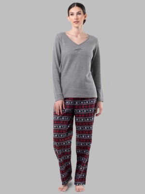 Women's Fruit Of The Loom Flannel Bottom, 2 Piece Set Sleepwear Grey/Fair Isle Black | RFS359184