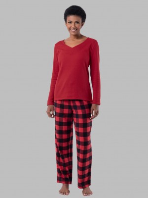 Women's Fruit Of The Loom Flannel Bottom, 2 Piece Set Sleepwear Radiant Red/Buffalo Check | GIF290583