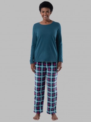 Women's Fruit Of The Loom Fleece Bottom, 2 Piece Set Sleepwear Midnight Blue/Tartan | XSC583169