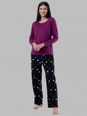 Women's Fruit Of The Loom Fleece Bottom, 2 Piece Set Sleepwear Royal Berry/Multi Dots Print | EJR627198