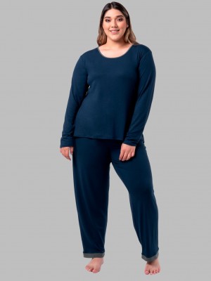 Women's Fruit Of The Loom Plus Fit for Me® Soft Breathable Crew Neck Long Sleeve Shirt Pant, 2 Piece Set Pajamas Midnight Blue | HBJ590827