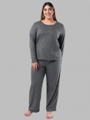 Women's Fruit Of The Loom Plus Fit for Me® Soft Breathable Crew Neck Long Sleeve Shirt Pant, 2 Piece Set Pajamas Charcoal Pin Dot | BFH406731