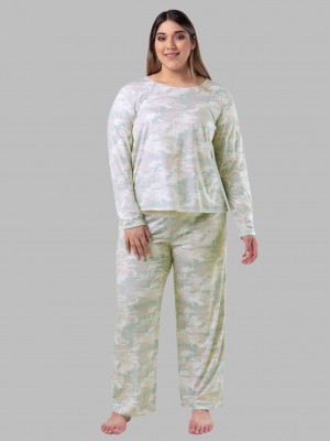 Women's Fruit Of The Loom Plus Fit for Me® Soft Breathable Crew Neck Long Sleeve Shirt Pant, 2 Piece Set Pajamas Warm Grey Camo | IRG761304