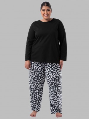 Women's Fruit Of The Loom Plus Fit for Me®Fleece Bottom Top & Bottom Black/Cheetah Print | GLJ296481