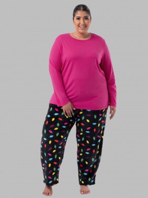 Women's Fruit Of The Loom Plus Fit for Me®Fleece Bottom Top & Bottom Hot Pink/Chrimas Lights | SZE382095