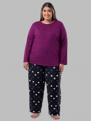 Women's Fruit Of The Loom Plus Fit for Me®Fleece Bottom Top & Bottom Royal Berry/Multi Dots Print | PBO235786