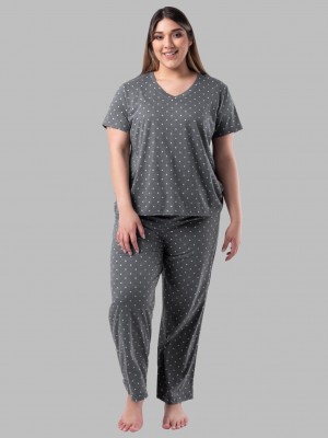 Women's Fruit Of The Loom Plus Fit for Me® Soft Breathable V-Neck, 2 Piece Set Pajamas Charcoal Pin Dot | NXI407391