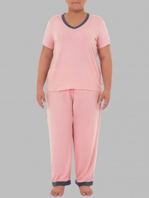 Women's Fruit Of The Loom Plus Fit for Me® Soft Breathable V-Neck, 2 Piece Set Pajamas Pink | XYS509726