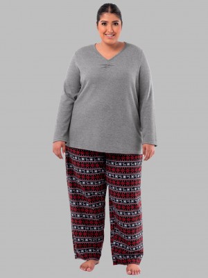 Women's Fruit Of The Loom Plus Flannel Bottom, 2 Piece Set Pajamas Grey/Fair Isle Black | HKD068431