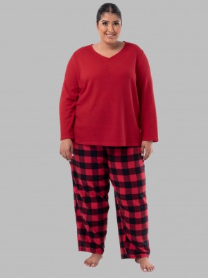 Women's Fruit Of The Loom Plus Flannel Bottom, 2 Piece Set Pajamas Radiant Red/Buffalo Check | APZ704392