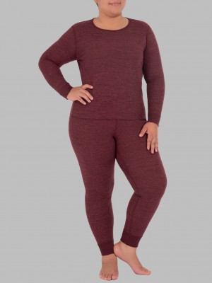 Women's Fruit Of The Loom Plus Size Waffle Thermal Crew Set Top & Bottom Merlot Injection Heather | GDW460735