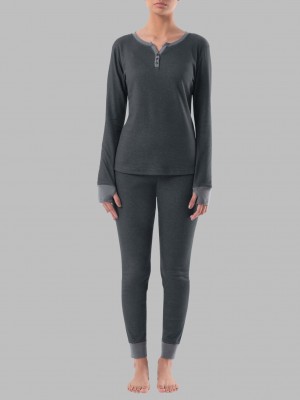 Women's Fruit Of The Loom Raschel Henley Pant, 2-Piece Set Pajamas Raschel Dark Grey | BFQ920178