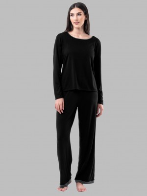 Women's Fruit Of The Loom Soft Breathable Crew Neck Long Sleeve Shirt Pant, 2-Piece Set Pajamas Black Soot | WJI410367