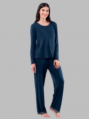 Women's Fruit Of The Loom Soft Breathable Crew Neck Long Sleeve Shirt Pant, 2-Piece Set Pajamas Midnight Blue | HYI468105