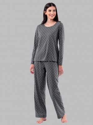 Women's Fruit Of The Loom Soft Breathable Crew Neck Long Sleeve Shirt Pant, 2-Piece Set Pajamas Charcoal Pin Dot | APJ728931