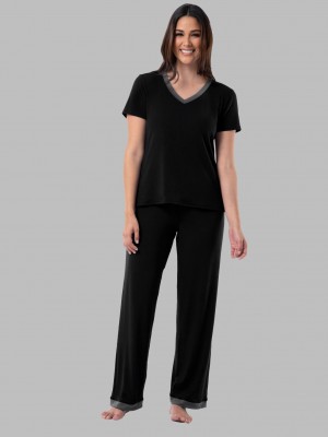 Women's Fruit Of The Loom Soft Breathable V-Neck Pant, 2-Piece Set Pajamas Black Soot | IKR095682