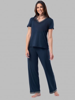 Women's Fruit Of The Loom Soft Breathable V-Neck Pant, 2-Piece Set Pajamas Midnight Blue | YMB780123