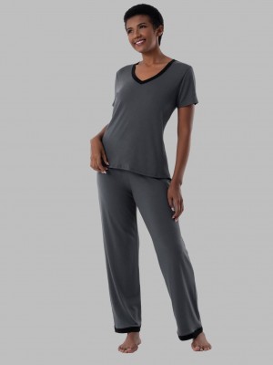 Women's Fruit Of The Loom Soft Breathable V-Neck Pant, 2-Piece Set Pajamas Monument | VOF206435