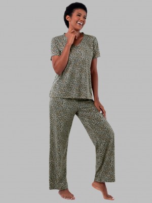 Women's Fruit Of The Loom Soft Breathable V-Neck Pant, 2-Piece Set Pajamas Natural Animal | PML712849