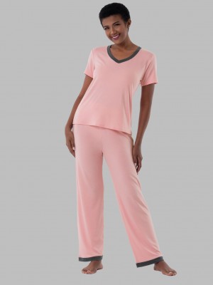 Women's Fruit Of The Loom Soft Breathable V-Neck Pant, 2-Piece Set Pajamas Pink | UXY163254