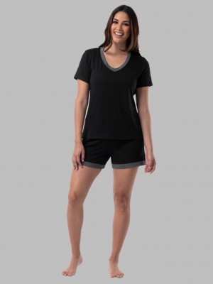 Women's Fruit Of The Loom Soft Breathable V-Neck Short, 2-Piece Set Pajamas Black Soot | RBN641379