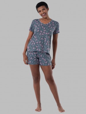 Women's Fruit Of The Loom Soft Breathable V-Neck Short, 2-Piece Set Pajamas Floral Print | EKA504821