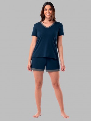 Women's Fruit Of The Loom Soft Breathable V-Neck Short, 2-Piece Set Pajamas Midnight Blue | UEJ269703