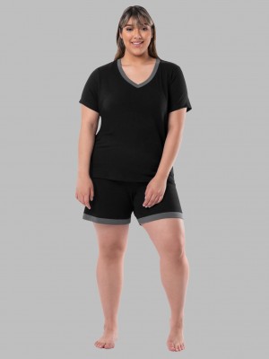 Women's Fruit Of The Loom Soft Breathable V-Neck Short, 2-Piece Set Pajamas Black Soot | JGY562819