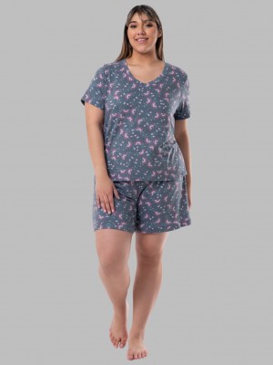 Women's Fruit Of The Loom Soft Breathable V-Neck Short, 2-Piece Set Pajamas Floral Print | EAM026145