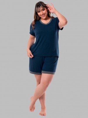 Women's Fruit Of The Loom Soft Breathable V-Neck Short, 2-Piece Set Pajamas Midnight Blue | ZSA982706