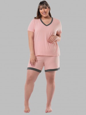 Women's Fruit Of The Loom Soft Breathable V-Neck Short, 2-Piece Set Pajamas Pink | KXD715296