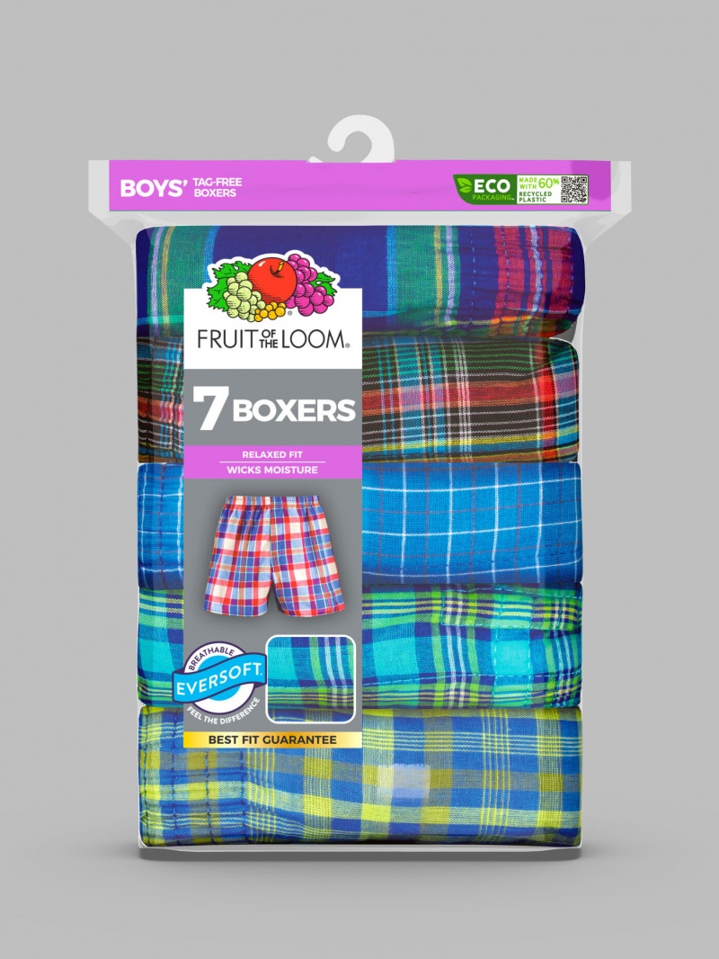 Boys' Fruit Of The Loom Tartan Plaid Boxer, 7 Pack Boxer Briefs Tartan Assorted | FEW536987