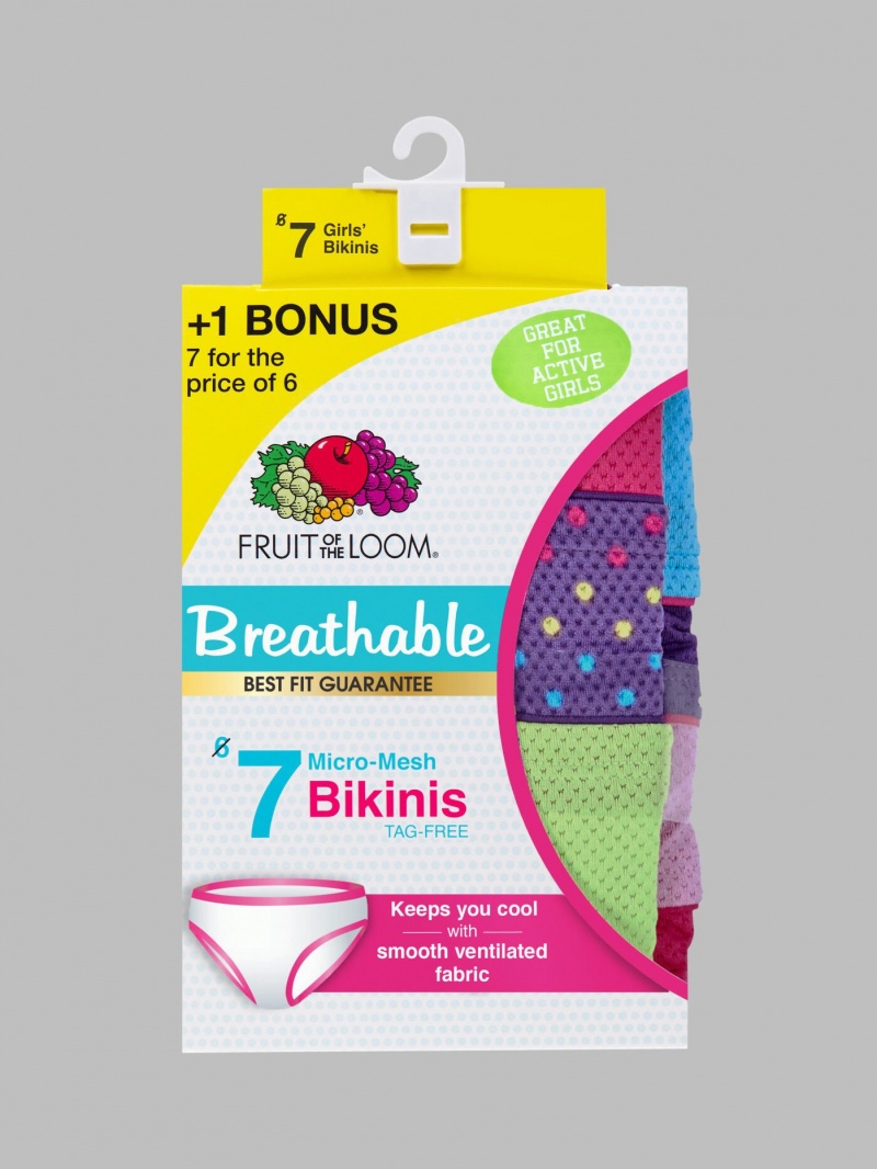 Girls' Fruit Of The Loom Girl's Breathable Micro-Mesh, 6+1 Bonus Pack Bikini Assorted | JEK302415