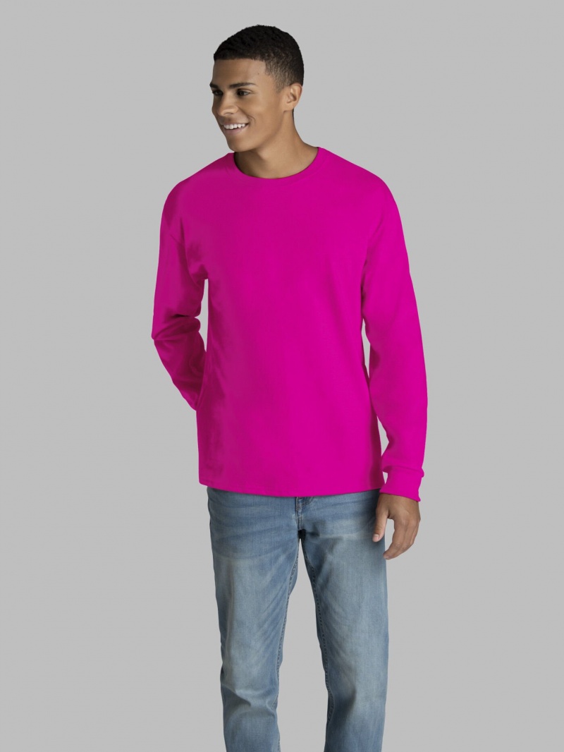 Men\'s Fruit Of The Loom 2 Pack Long Sleeve T Shirts Cyber Pink | MYI214675